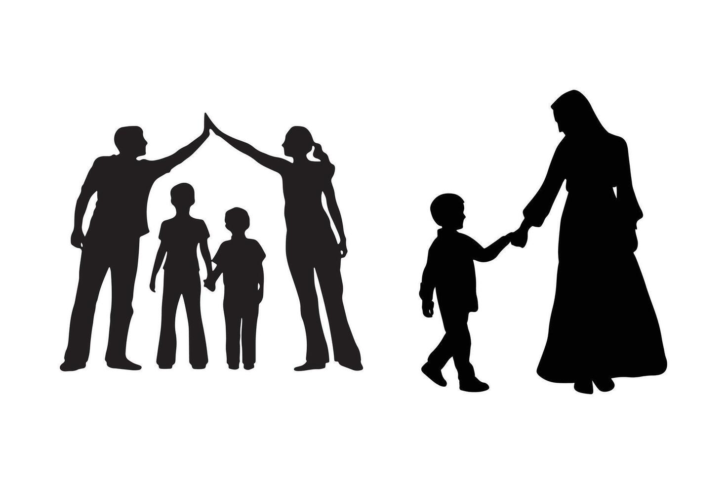 Family Silhouette Illustration with Parents and Children Holding Hands. vector