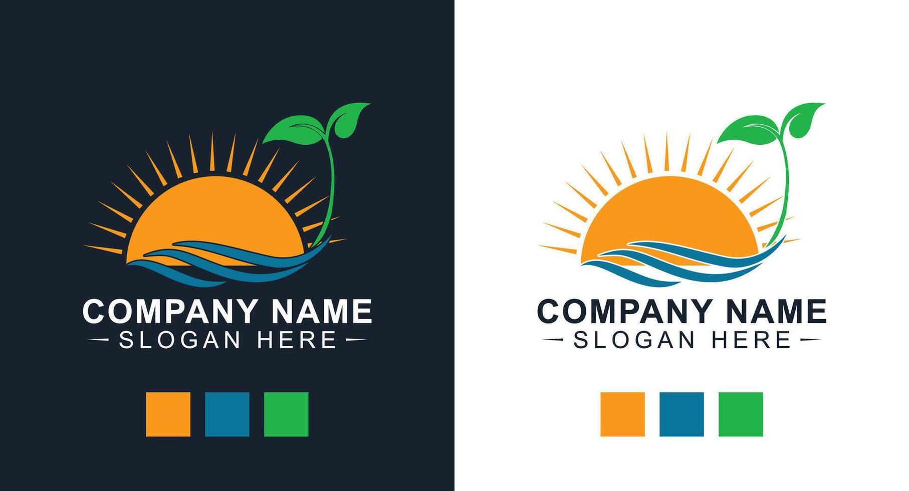 Sun Beach Eco Leaf Combination Company Logo Design vector