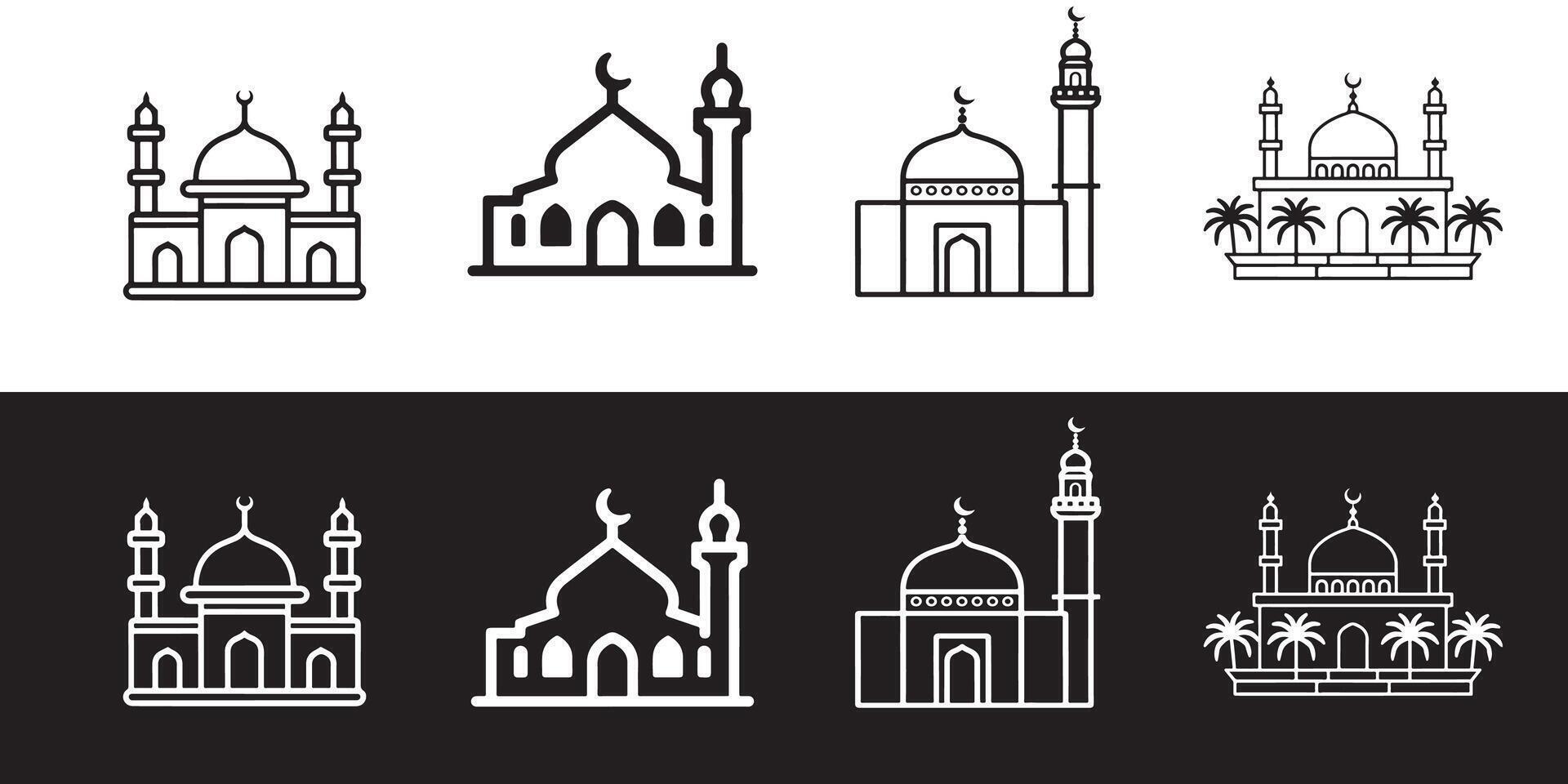 Set of Mosque icon, outline, illustration, isolated on a white background vector