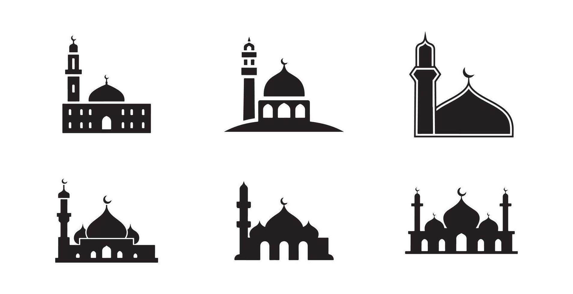 Set of Mosque icon, silhouette, outline, , illustration, isolated on a white background vector