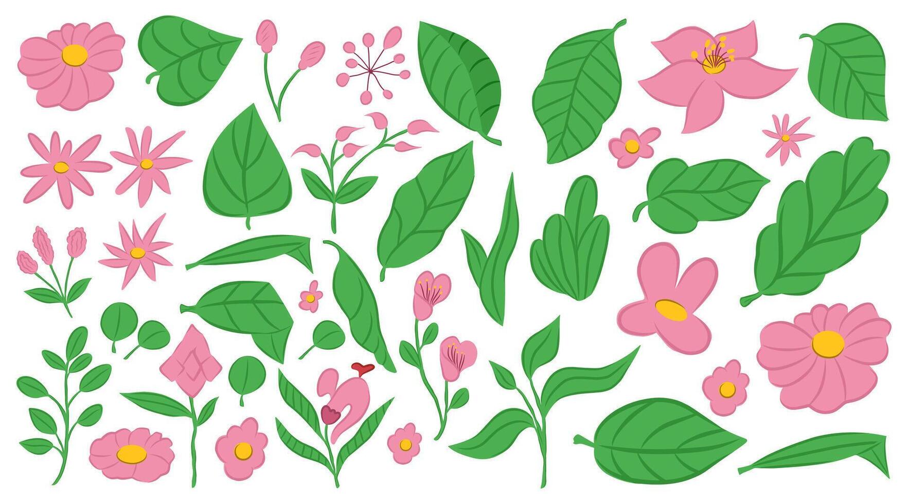 Colorful floral elements, a vibrant collection of floral and leaf, perfect for crafting and digital design vector