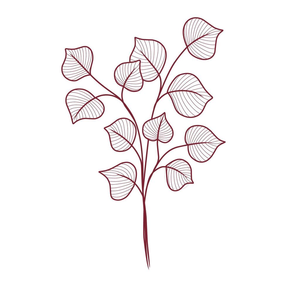 Minimalist illustration of a leafy branch perfect for decor or botanical-themed projects, elegant line art leaf branch design. vector