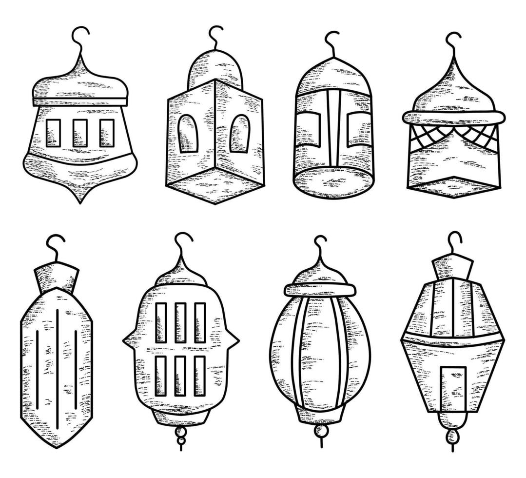 Collection of decorative hanging Islamic lanterns in various styles, intricately designed lanterns suitable for outdoor decor, festivities, or cozy indoor lighting. vector