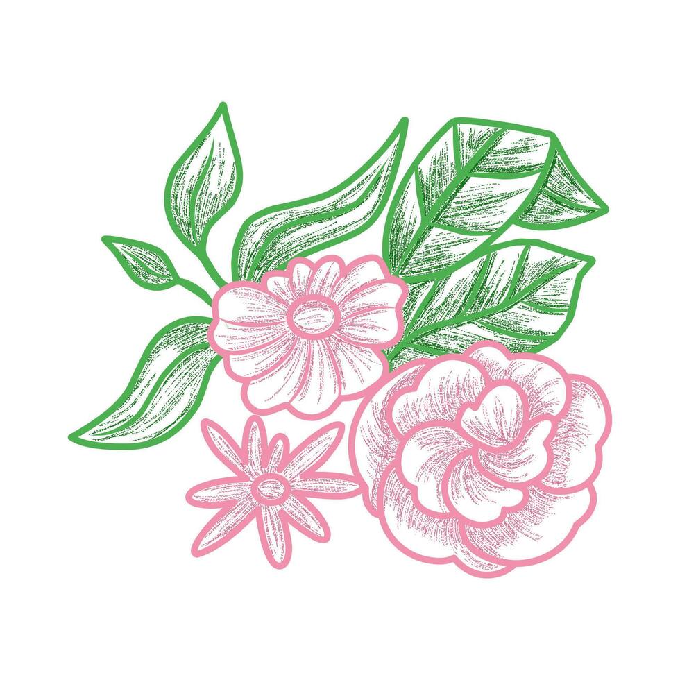 Hand-drawn floral arrangement, An artistic floral design featuring pink flowers and green leaves, perfect for invitations and digital graphics. vector