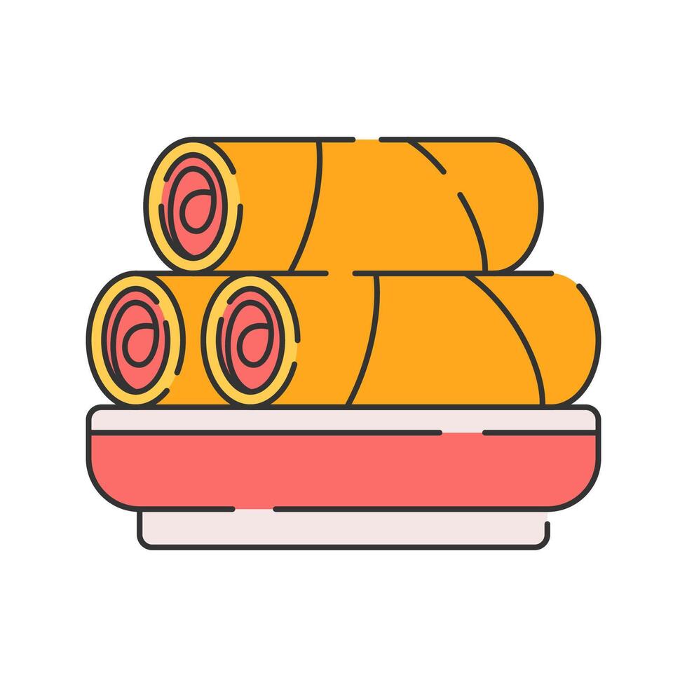 Spring Rolls, Flat Design. Crispy, golden-brown spring rolls on a plate, great for Asian food themes, restaurant branding, or recipe illustrations. vector