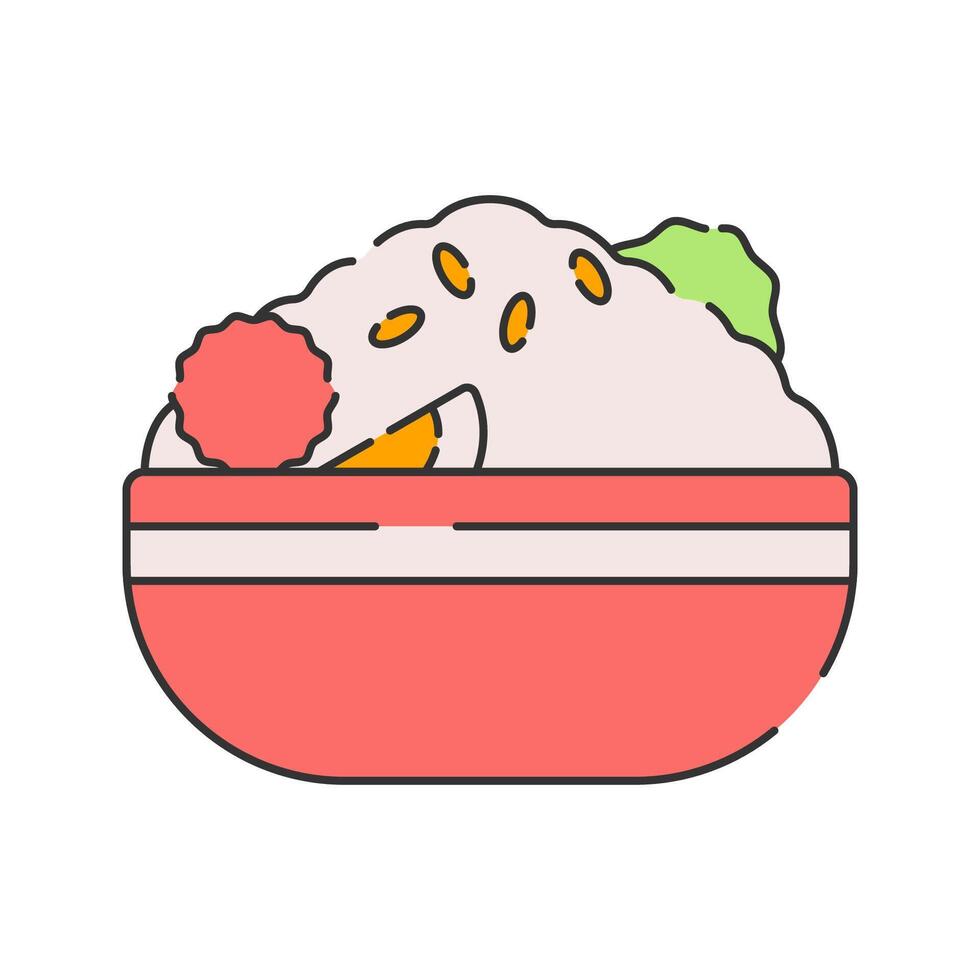 Rice Bowl, Flat Design. A bowl of rice with vegetables and protein, ideal for representing Asian cuisine or meal illustrations in restaurant and food-related designs. vector