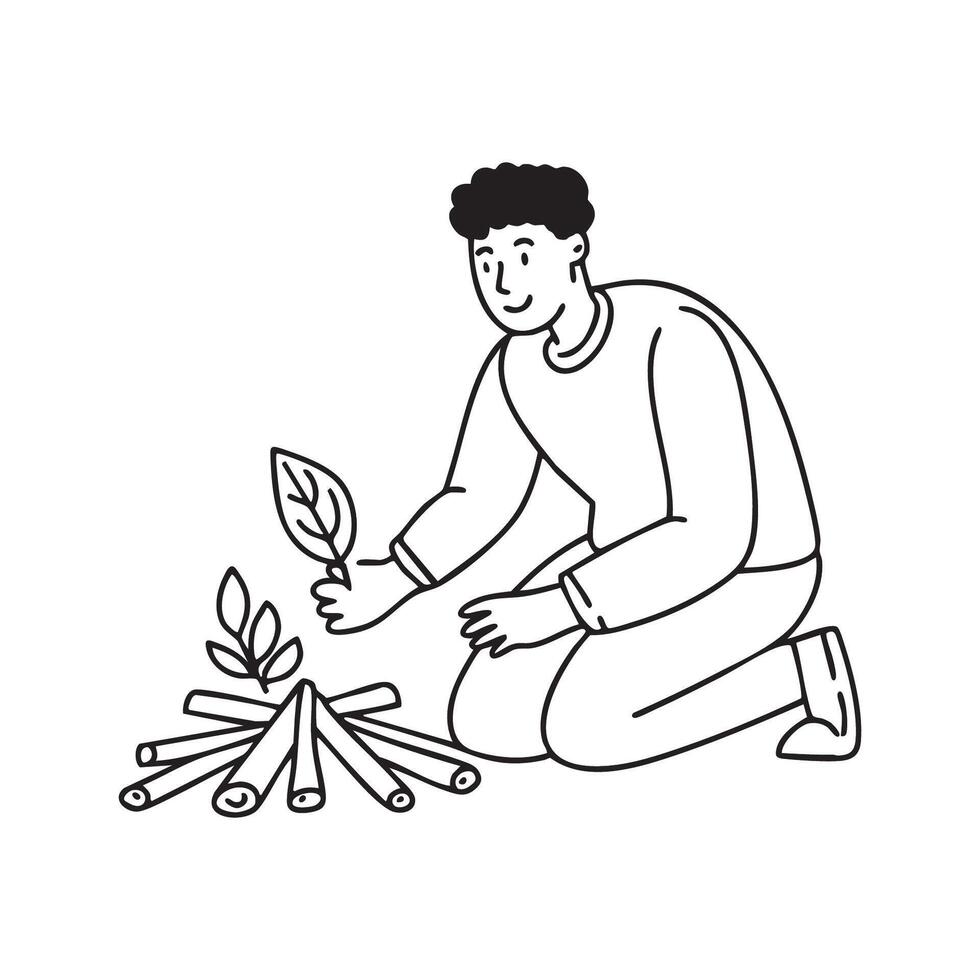 person stacking small twigs and dry leaves to prepare kindling for a campfire vector