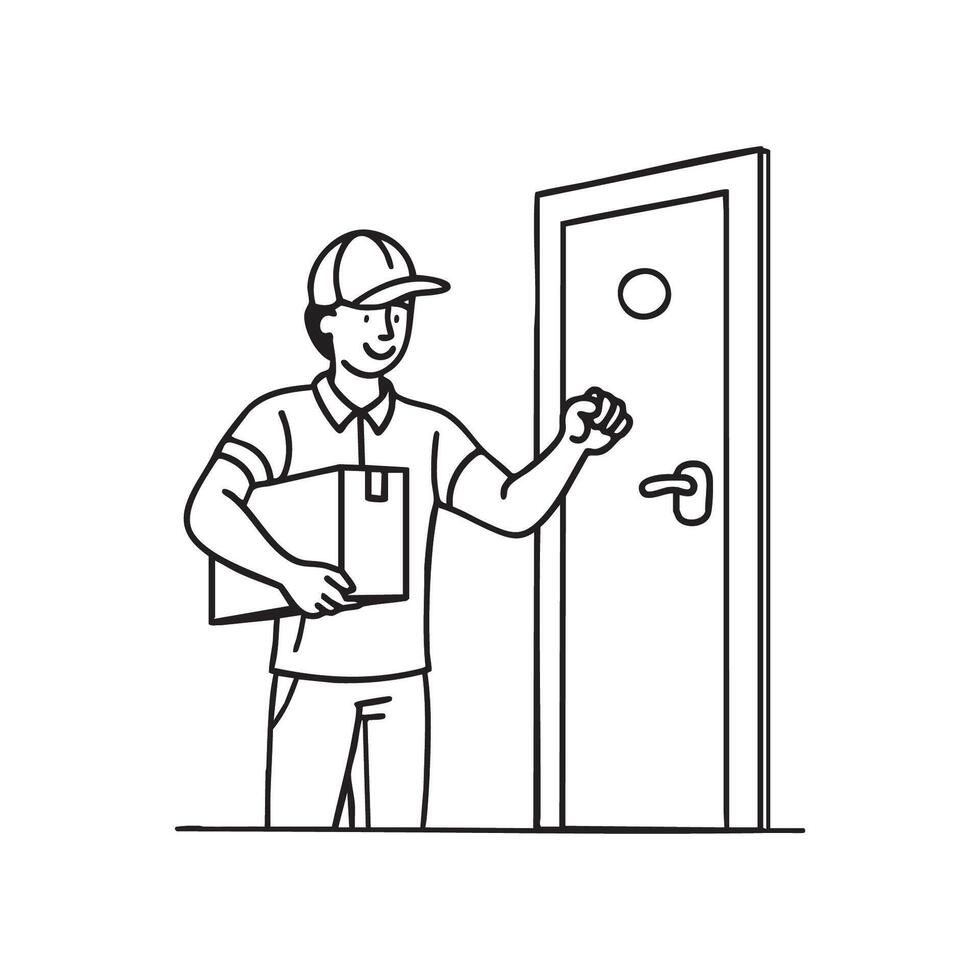 courier knocks on the door, holding a package for the homeowner vector