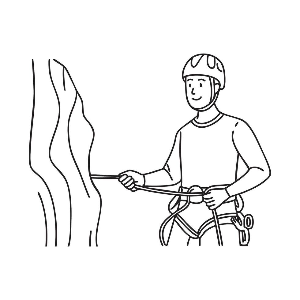 climber fastening a rope harness with a secure knot before ascending a rocky cliff vector
