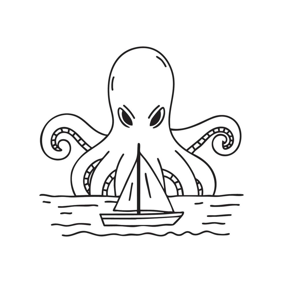 A sailing ship in the ocean is attacked by the massive kraken tentacles vector