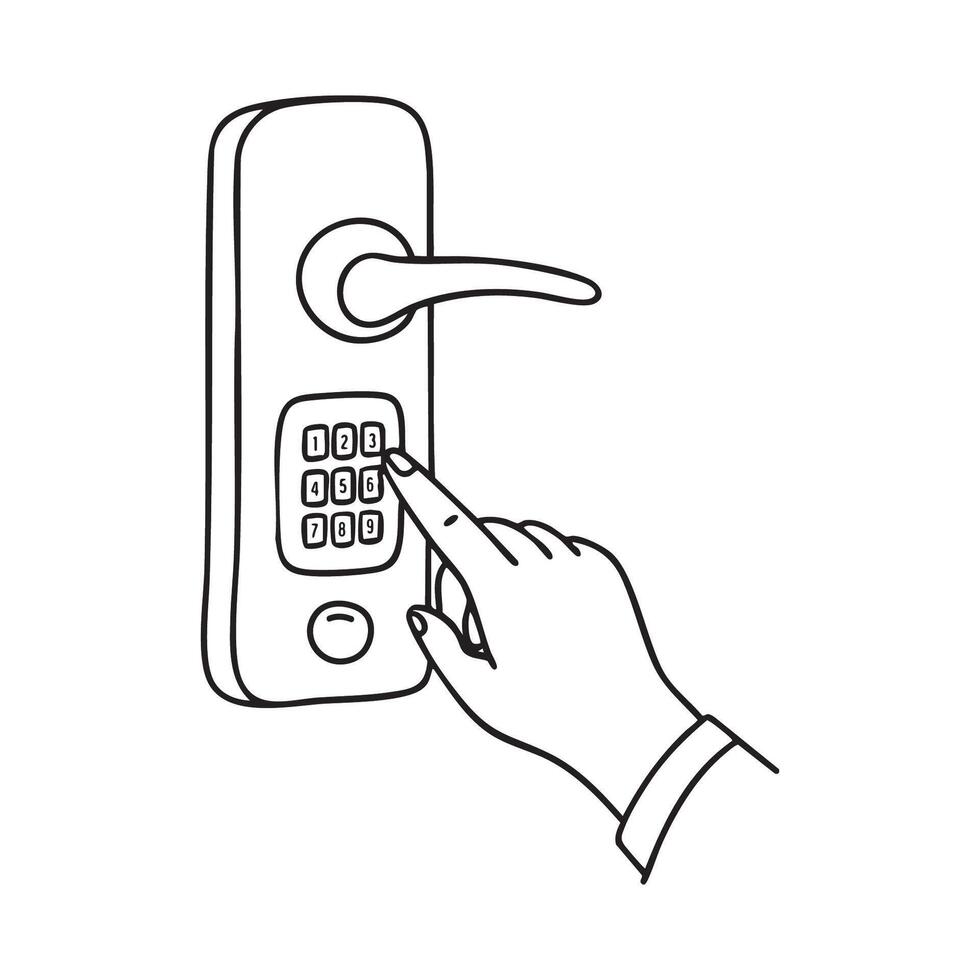 hand inputting a password on the keypad of a smart door lock handle vector