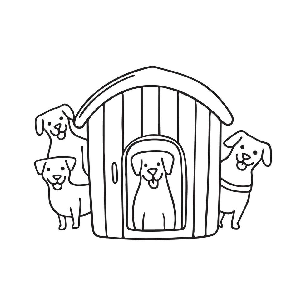 kennel with several happy dogs wagging their tails inside vector