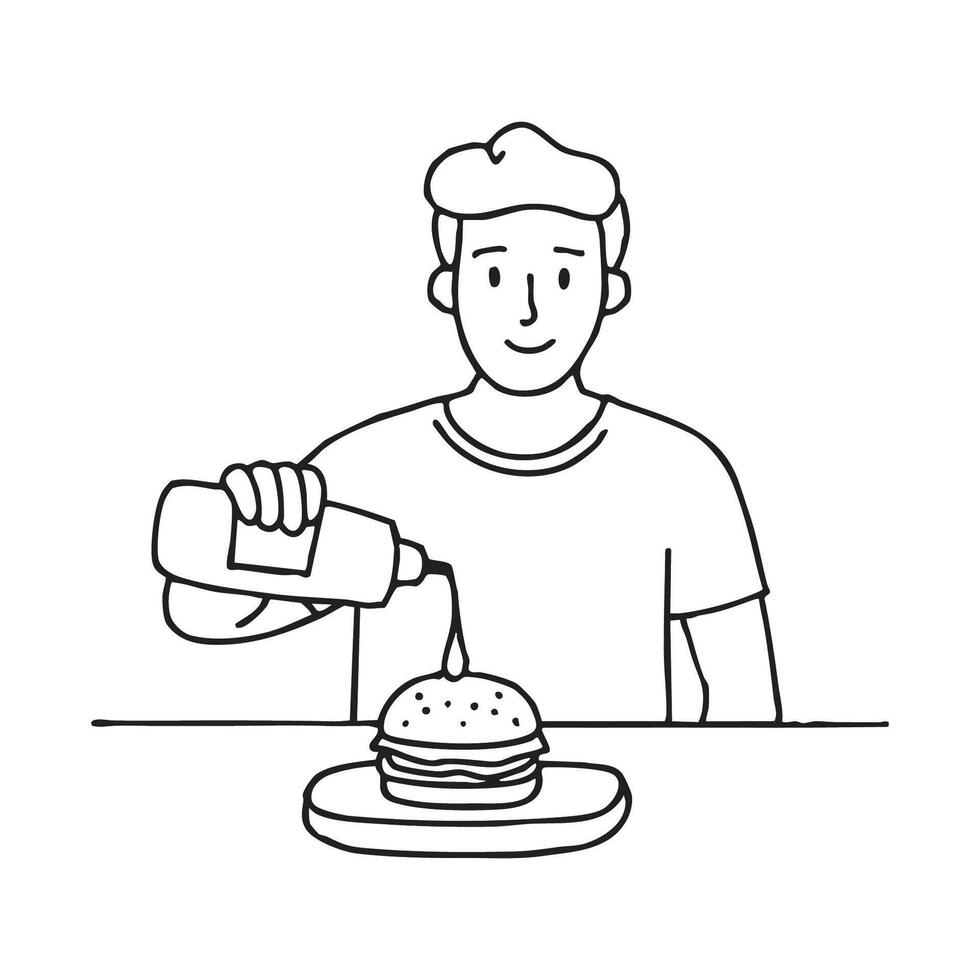 person pouring ketchup from a bottle onto an burger on the table. vector