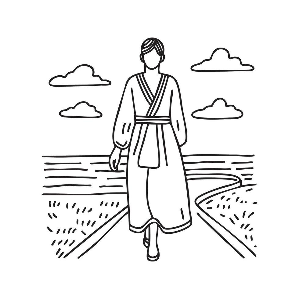 kaftan worn by a woman walking along a breezy beachside path vector