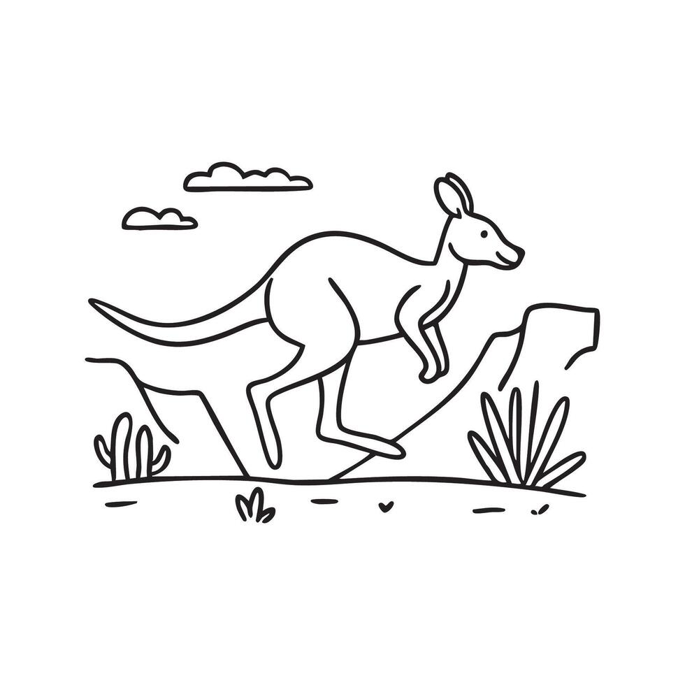 kangaroo hopping through the desert, past rugged cliffs and sparse vegetation vector