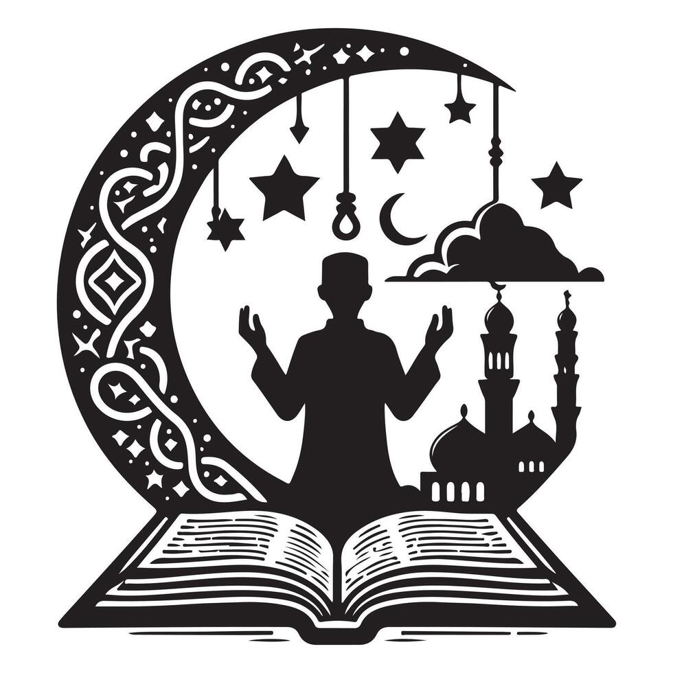 Creative islamic man praying on the moon and reading the book on a white background vector