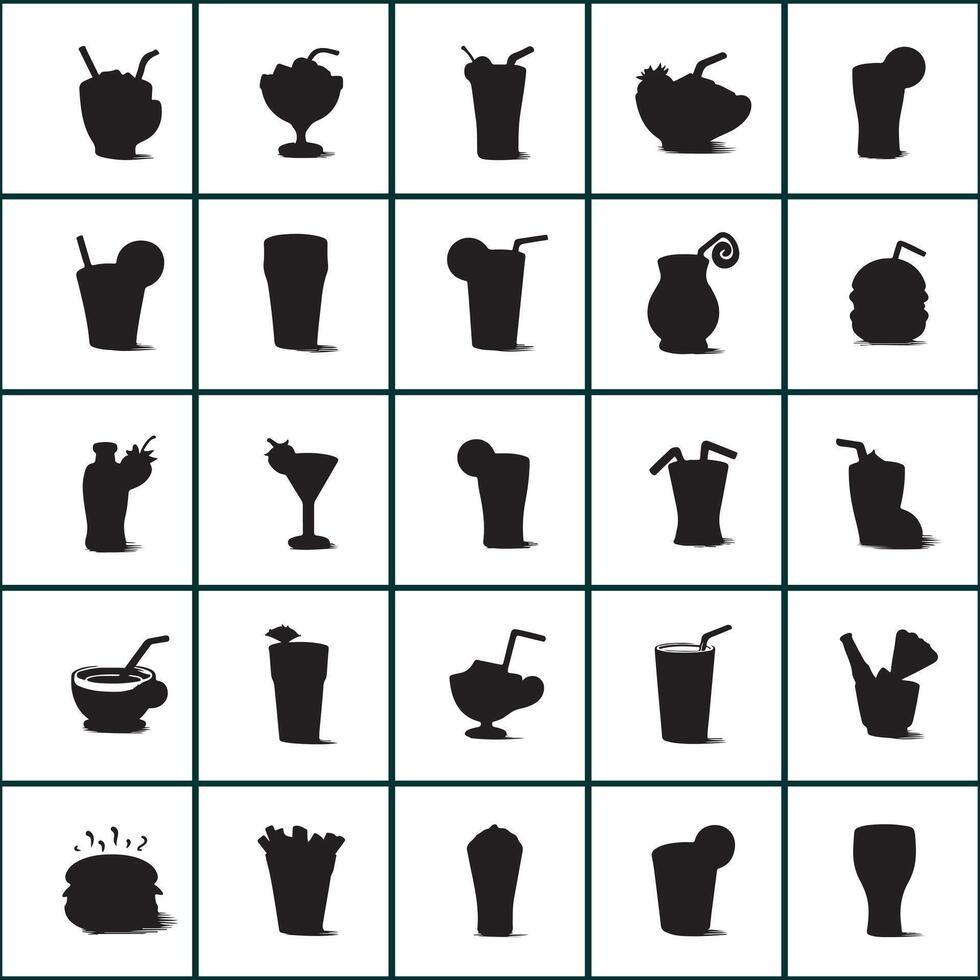 A set of black silhouettes of drinks and food design on a white background vector