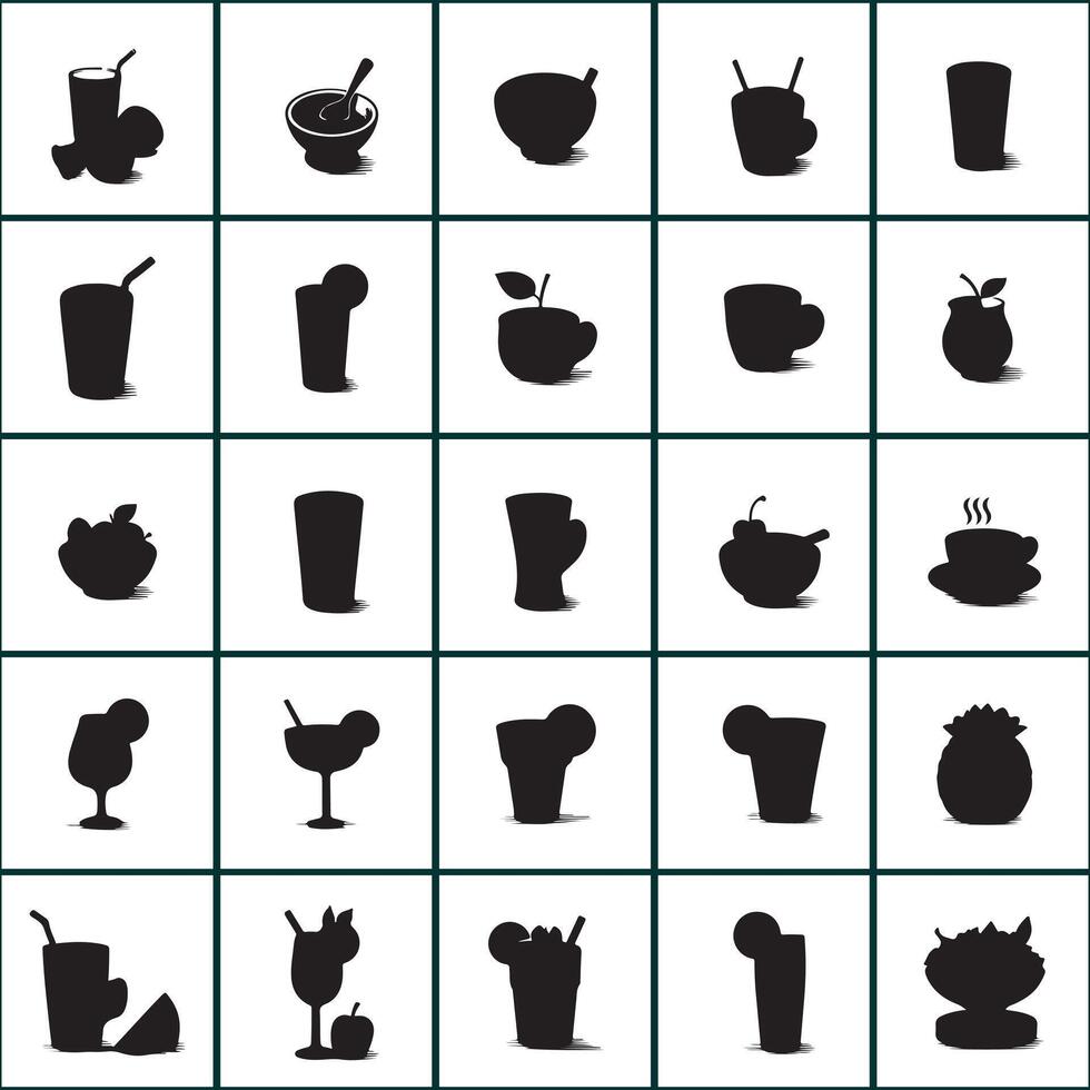 a set of black silhouettes of drinks and food on a white background vector