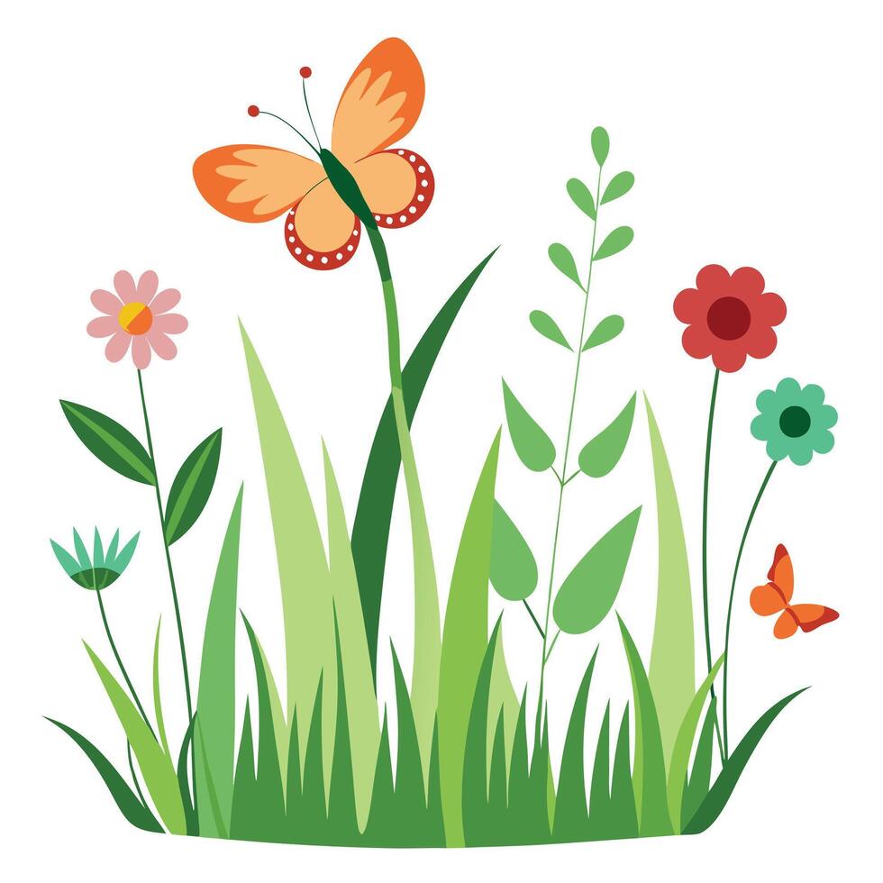 Butterfly and flowers in the grass vector