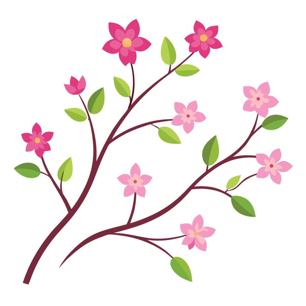 A branch with pink flowers and leaves on it vector