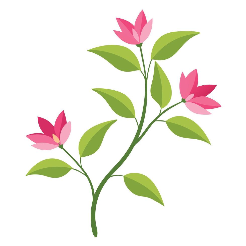 A pink flower with green leaves on a white background vector