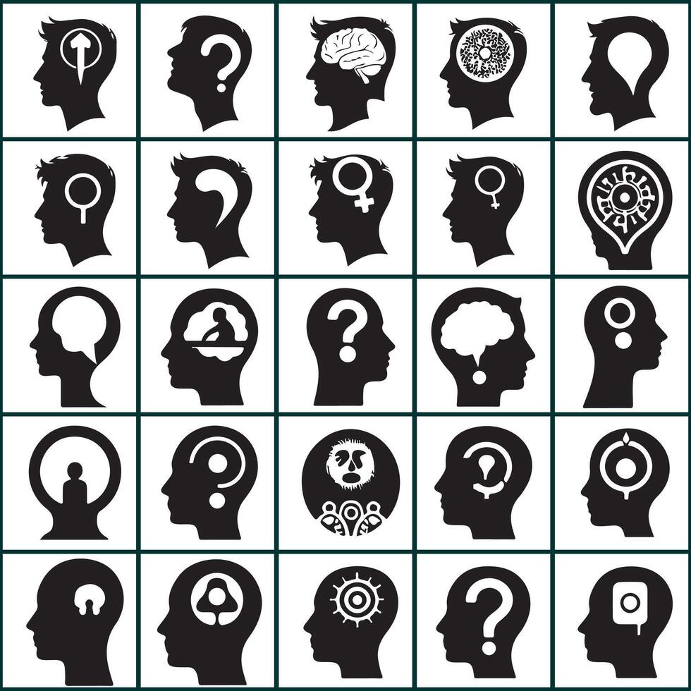 Creative set of an silhouettes of human head with question on a white background vector