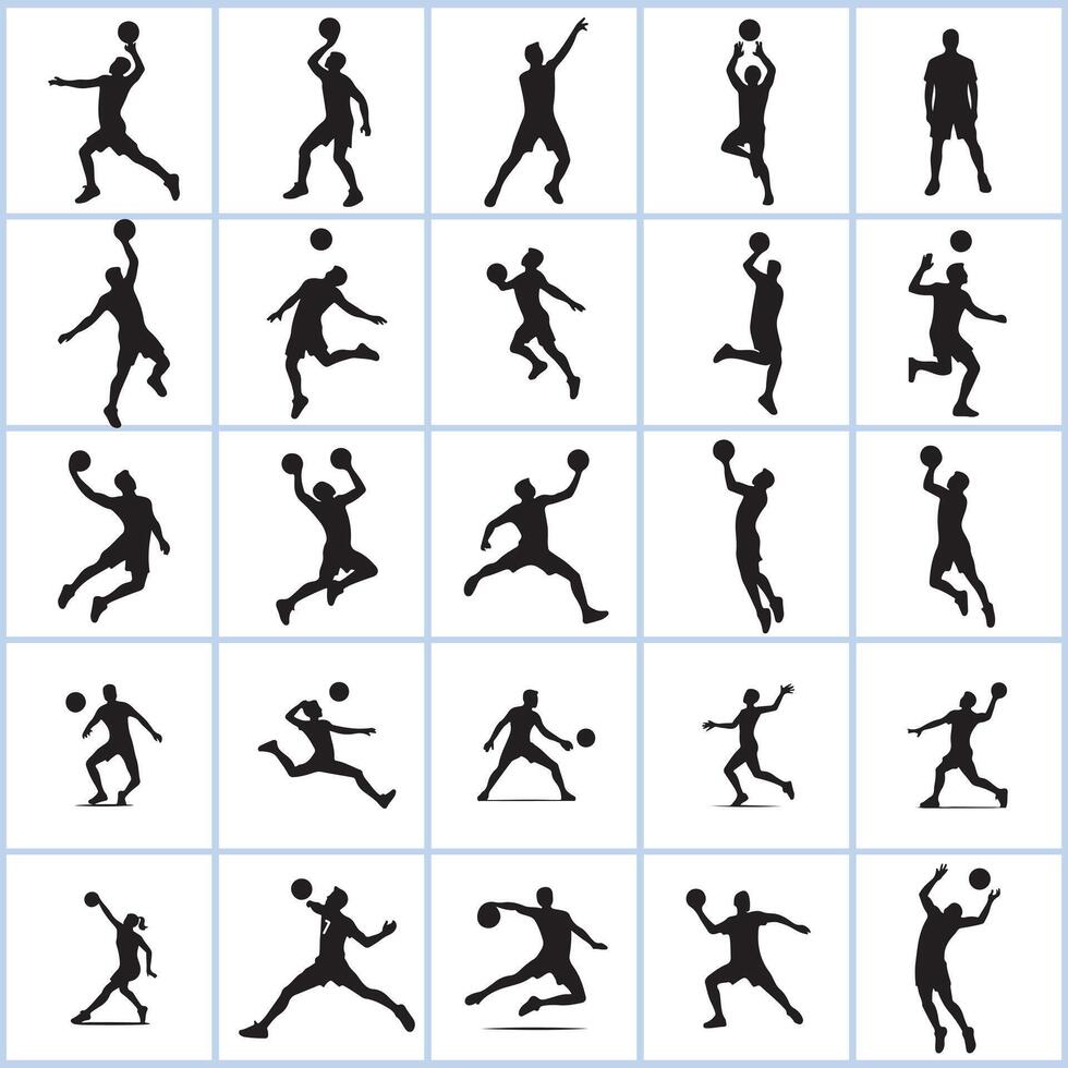 silhouettes of basketball players in various poses design on a white background vector