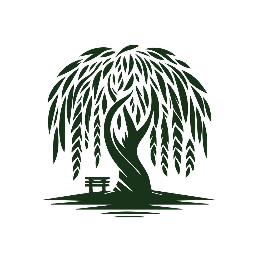 willow tree and bench illustration design on a white background vector