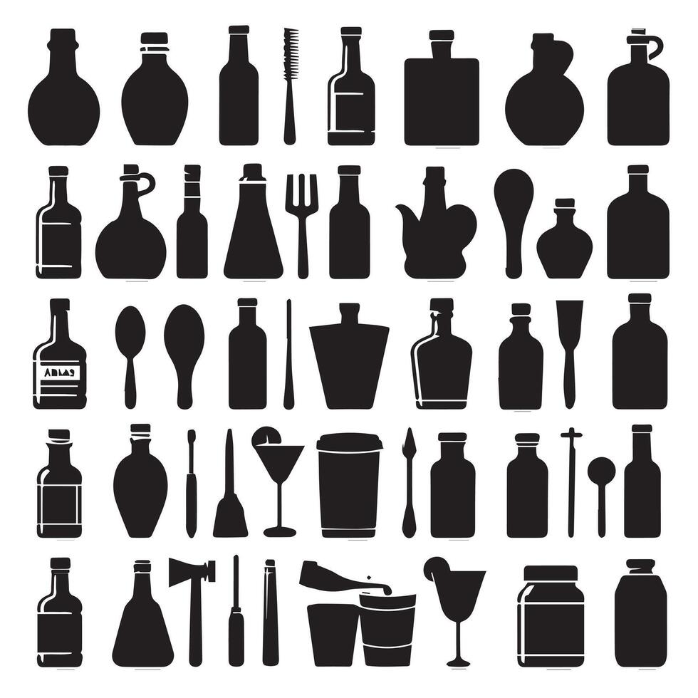 various bottles and utensils are shown in black silhouettes design on a white background vector