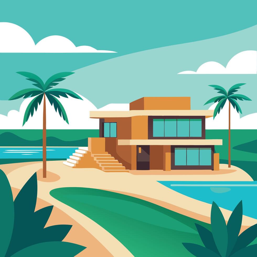 tropical house with palm trees and water design on a white background vector