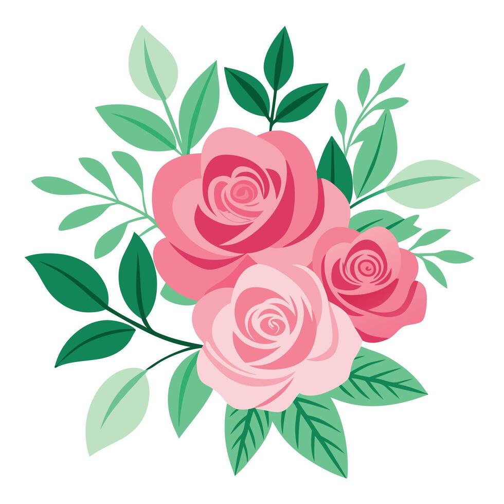 Pink roses and green leaves on a white background vector