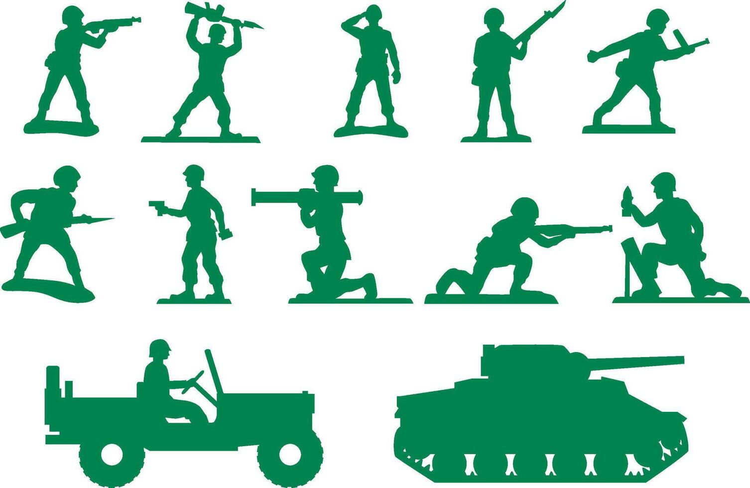 Green army men toy plastic soldiers silhouette military vehicle decorative art vector