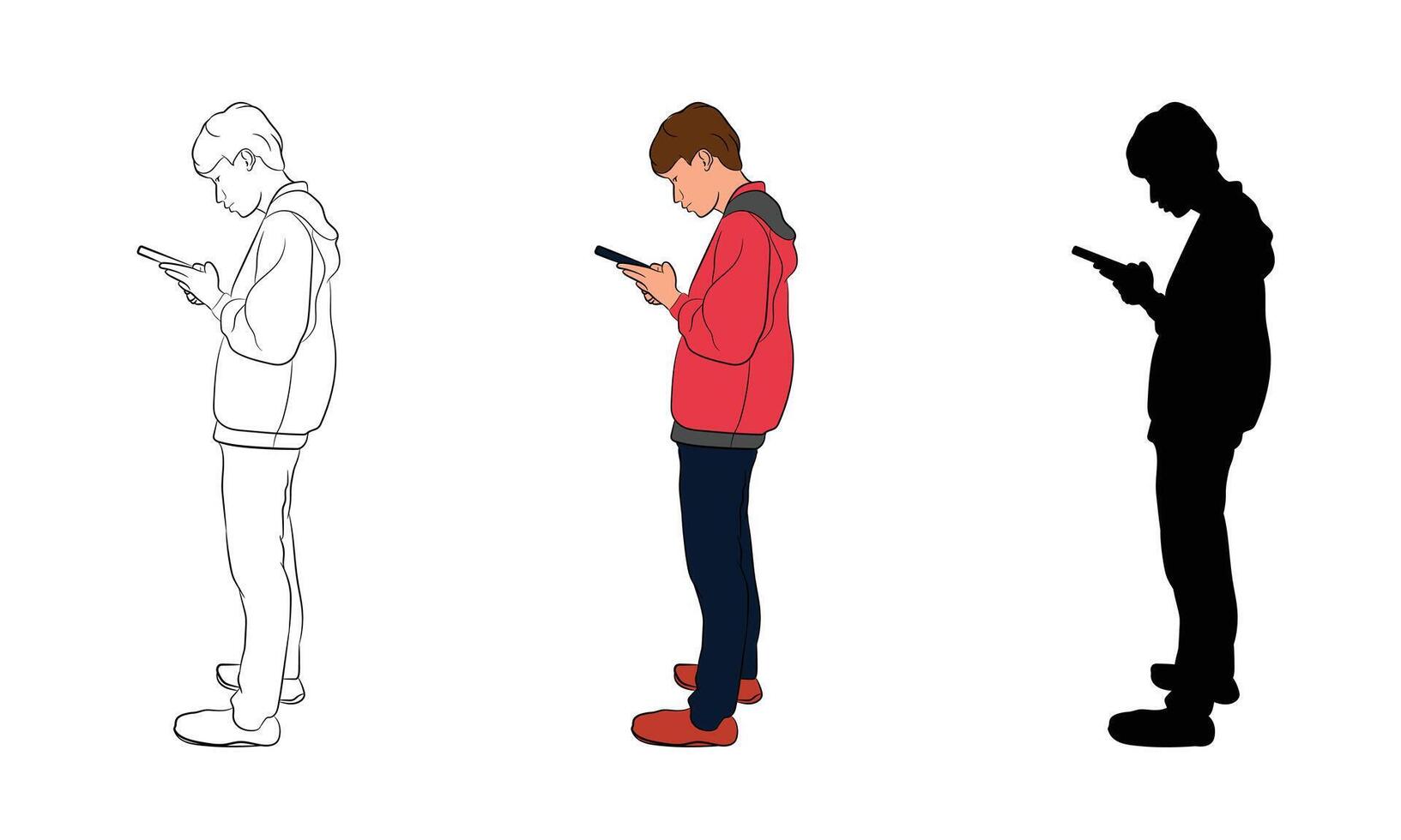 a businessman using a smartphone. He stands in a relaxed pose, using his phone to communicate vector