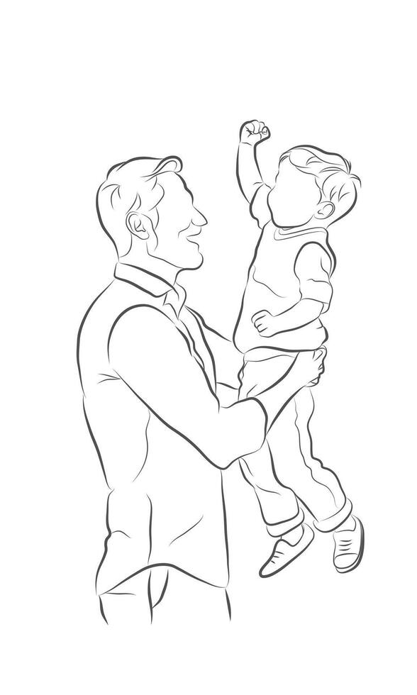 It is a heartwarming line art illustration of a father lifting his child joyfully. This minimalist drawing captures the bond between parent and child, symbolizing love, care, and happiness vector
