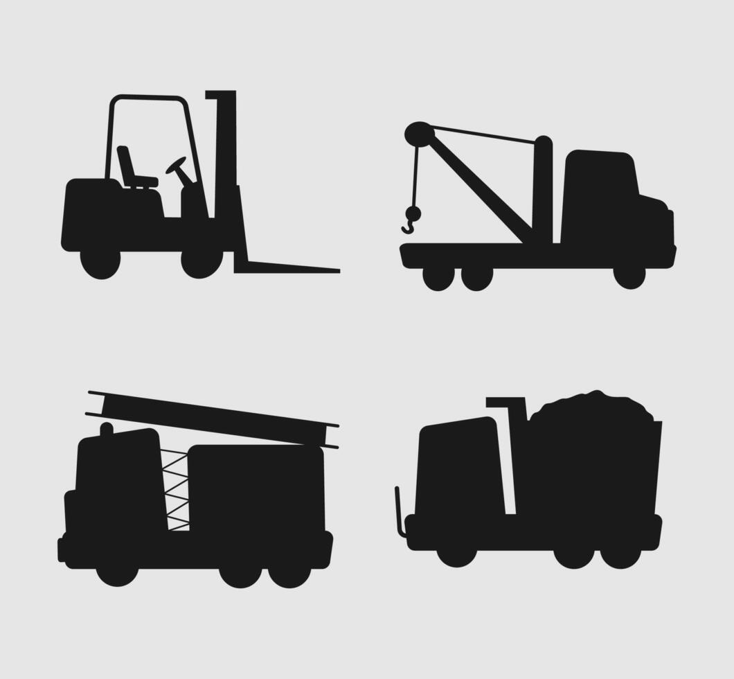 Silhouettes of forklift, tow truck, fire truck, and dump truck suitable for transportation, industrial, and construction themed designs and projects. vector