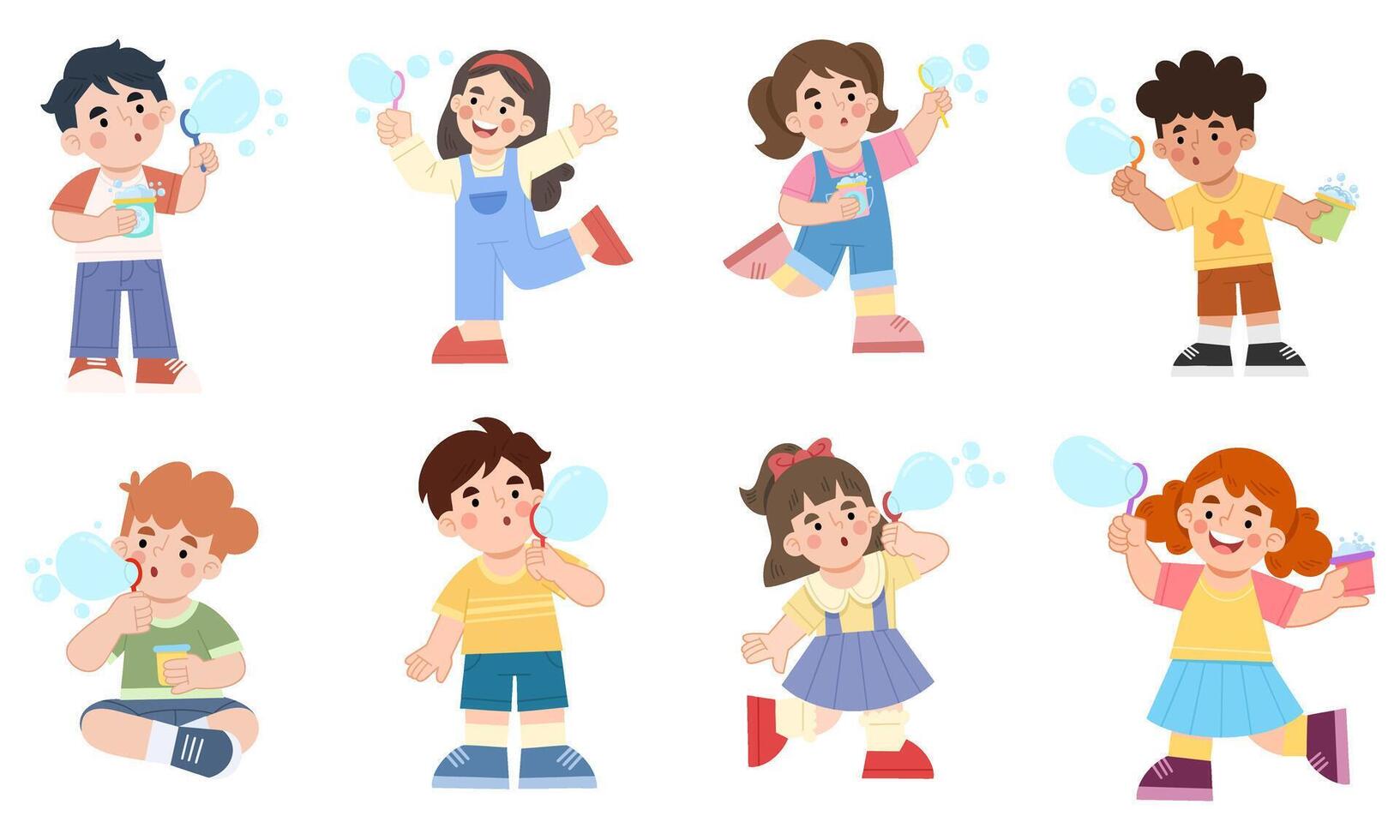 Illustration set of children playing blowing bubbles with soap vector