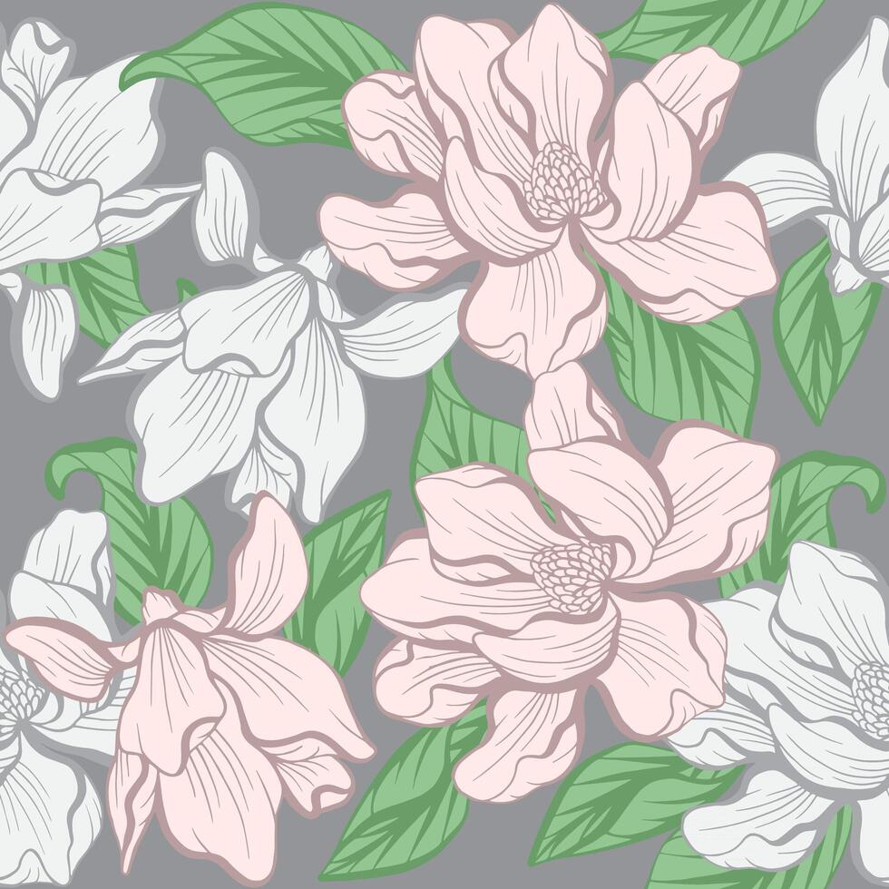 Neutral color Magnolia flower pattern vector