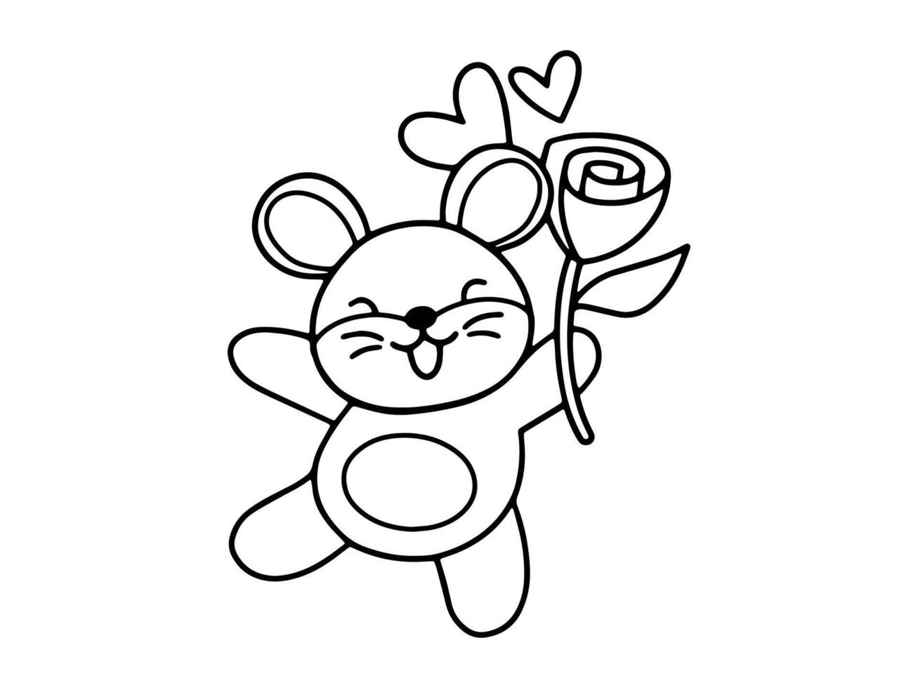 Valentine Day Mouse Holding Rose Outline vector