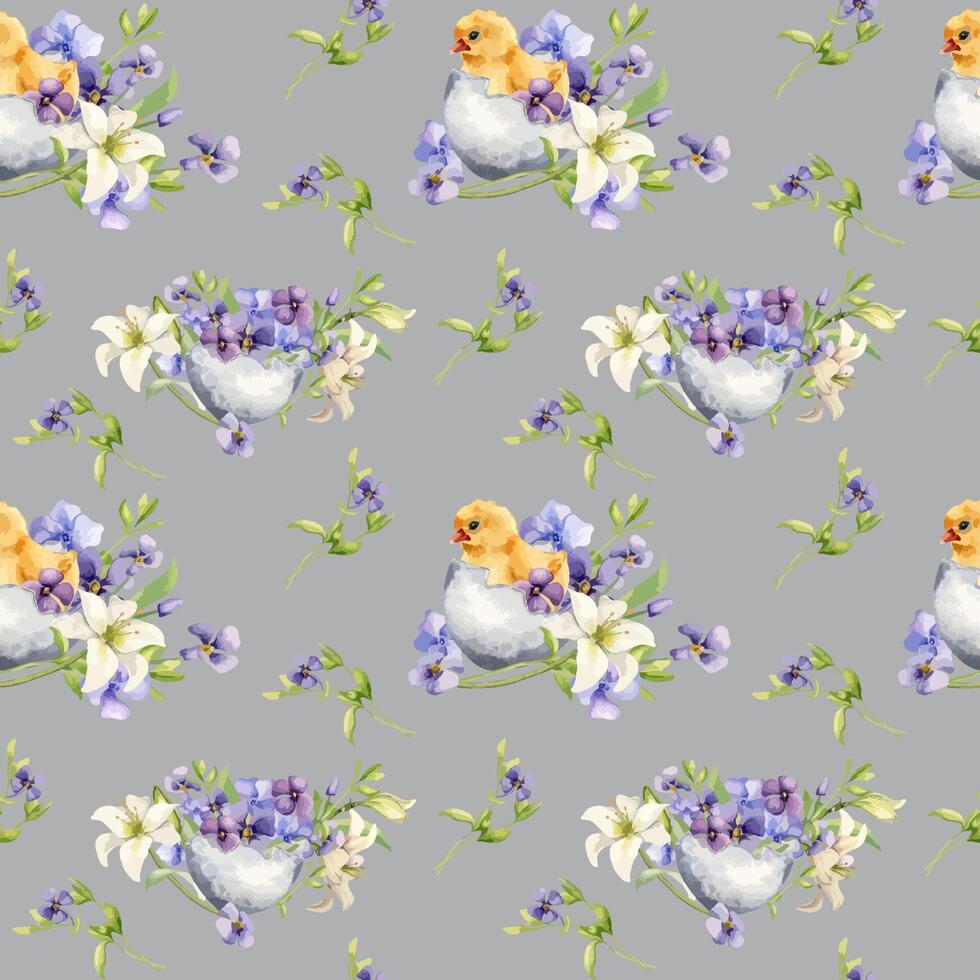 Chick in egg shell with flowers Easter seamless pattern isolated on neutral. Watercolor baby bird and blue spring plants hand drawn. For design Easter decoration, background, textile, package, paper vector