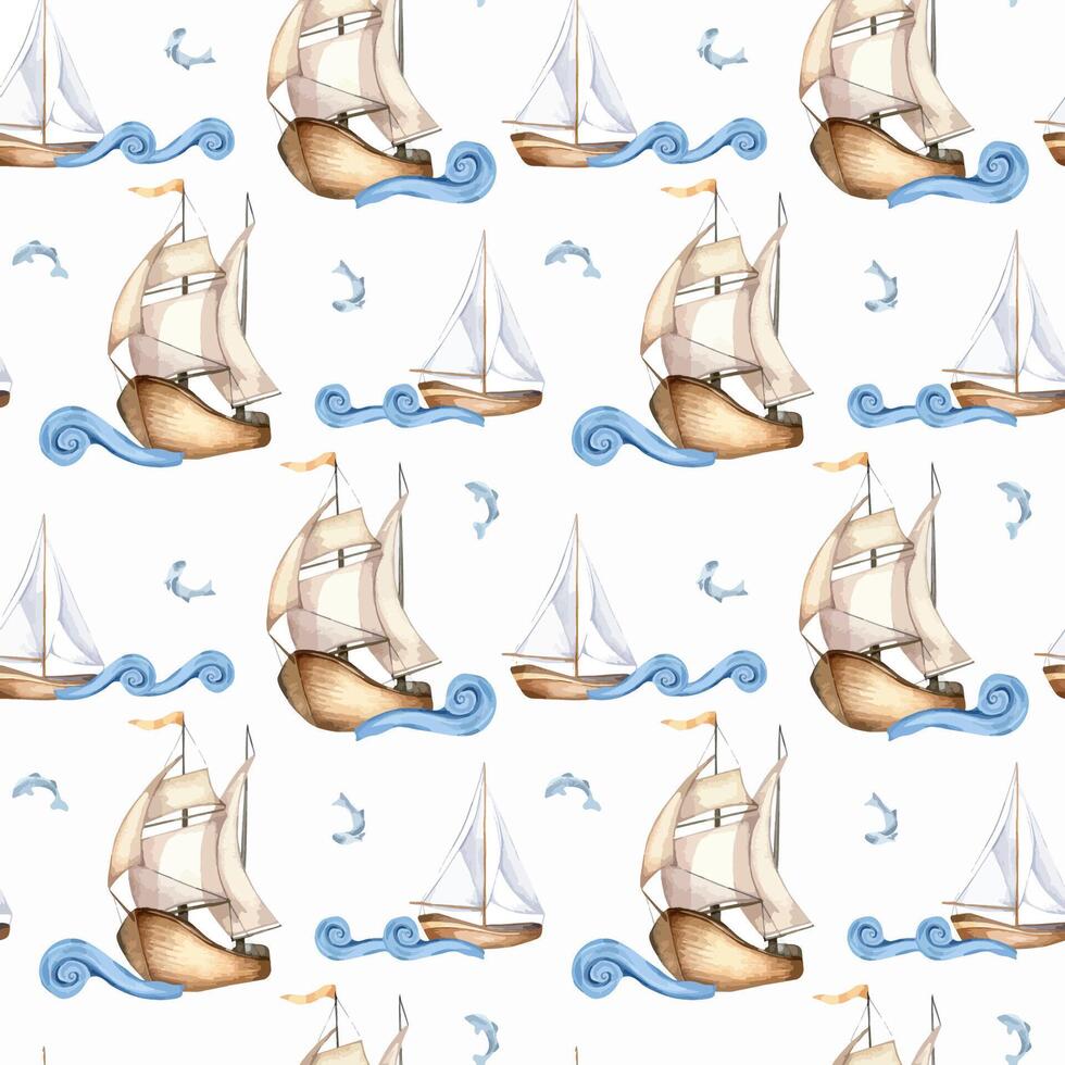 Various Sailboats on curly waves and small fishes hand drawn by seamless pattern. Marine art design textile in watercolor . Fishes and sailing ships for background. Ocean scene for packaging, print. vector
