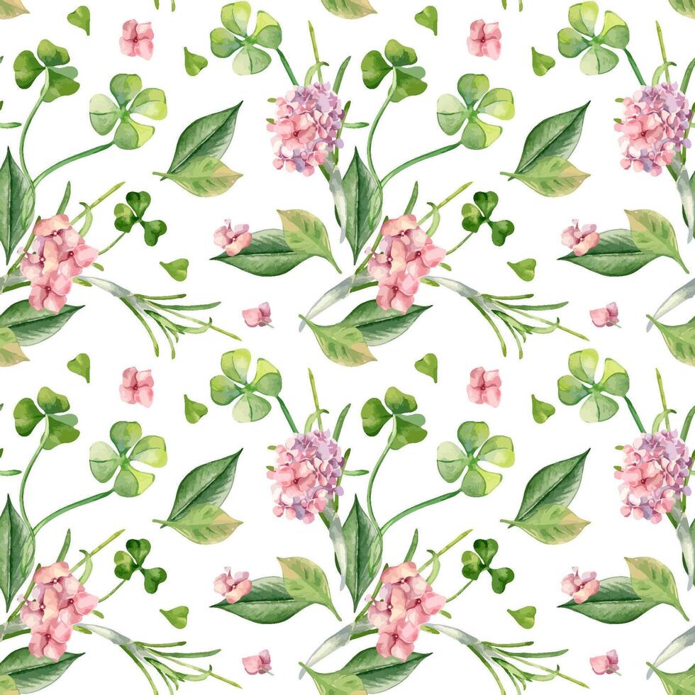 Pink hydrangea, clover and leaves watercolor on repeat background isolated. Floral seamless pattern with spring flowers and herbs painted. Botanical art design for home textile, Happy Easter vector