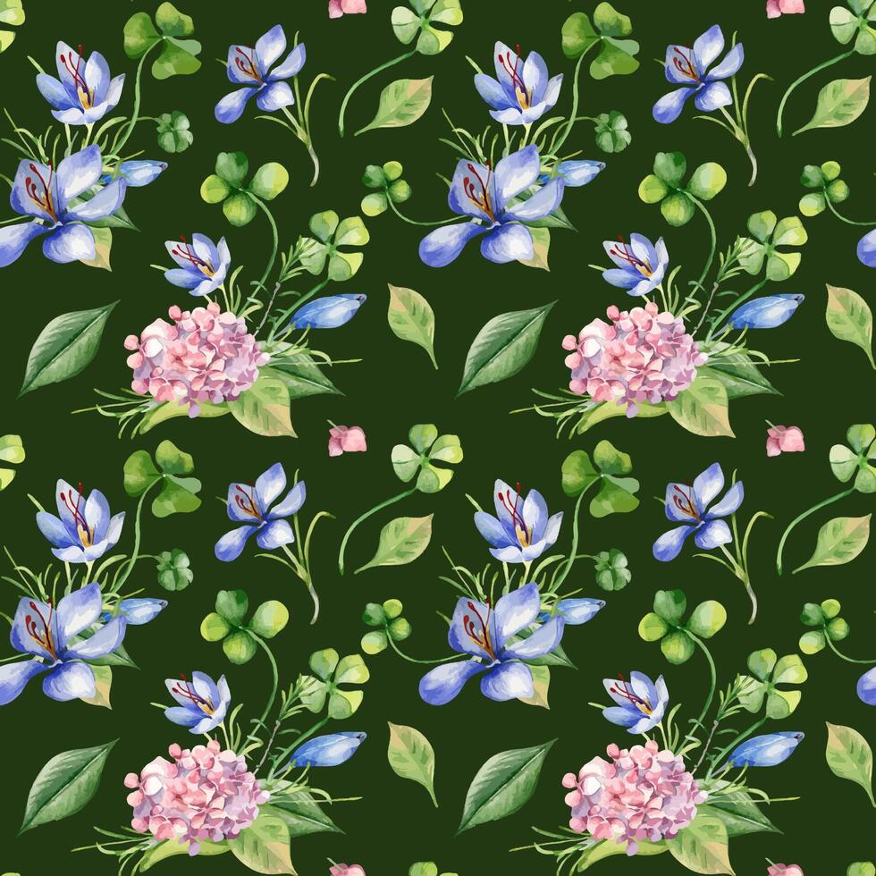 Spring wild flowers watercolor seamless pattern isolated. Clover, pink hydrangea and crocus illustration hand drawn by repeated background. Botanical art print for design package, home decor, textile vector