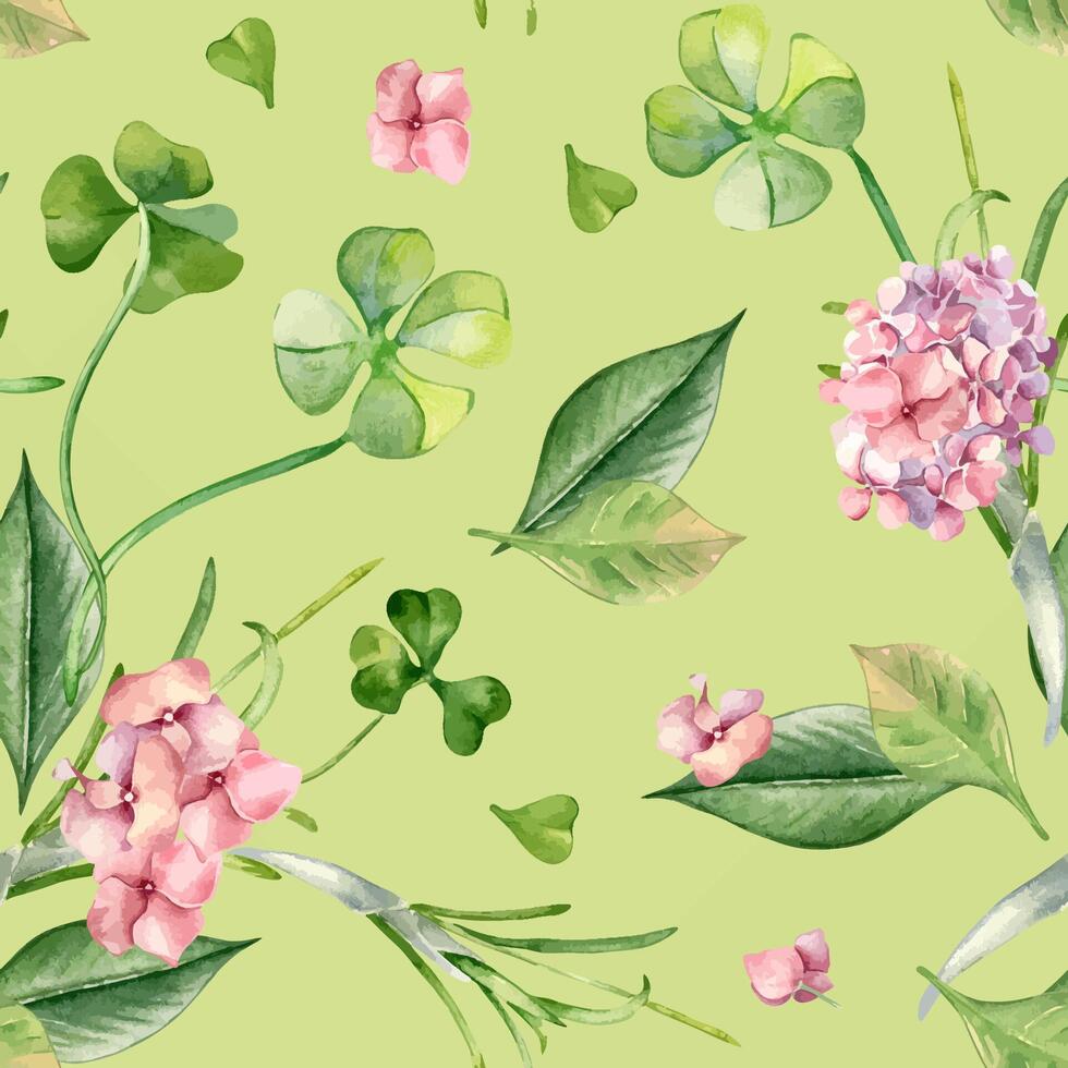 Pink hydrangea, clover and leaves watercolor on repeat background isolated. Floral seamless pattern with spring flowers and herbs painted. Botanical art design for home textile, Happy Easter. vector