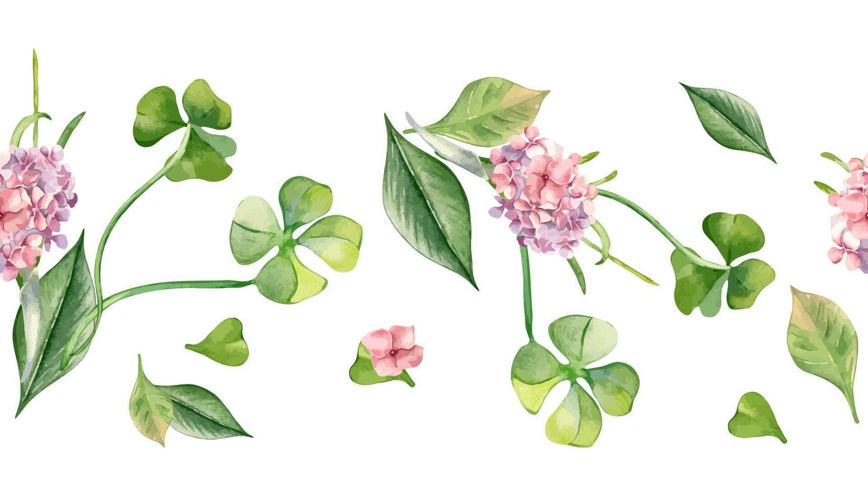 Seamless border with clover leaves and pink flowers watercolor illustration isolated. Painted lucky four leaves. Hand drawn shamrock, hydrangea. Design element for Happy Easter, textile, web banner. vector