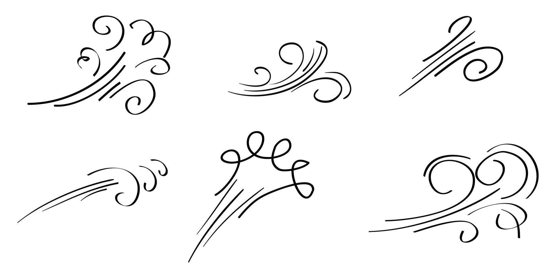 Doodle wind blow, gust, air blow, swirl design elements. isolated on white background vector