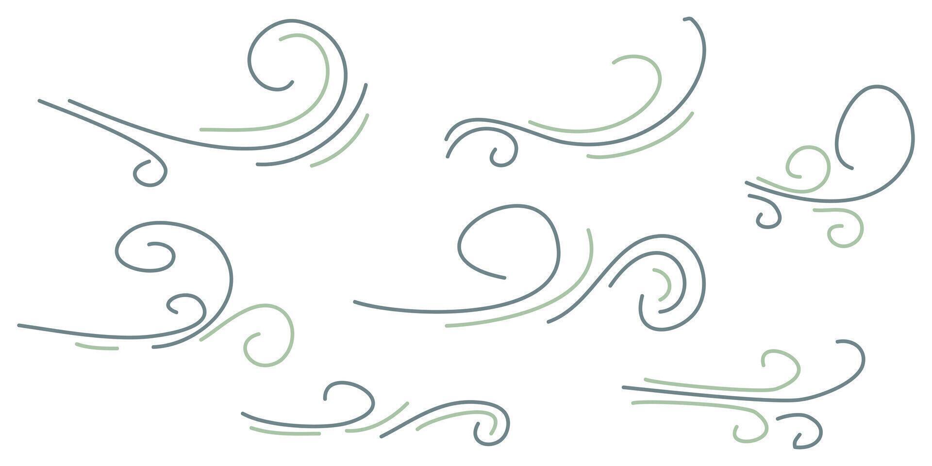 Doodle wind blow, gust, air blow, swirl design elements. isolated on white background. vector