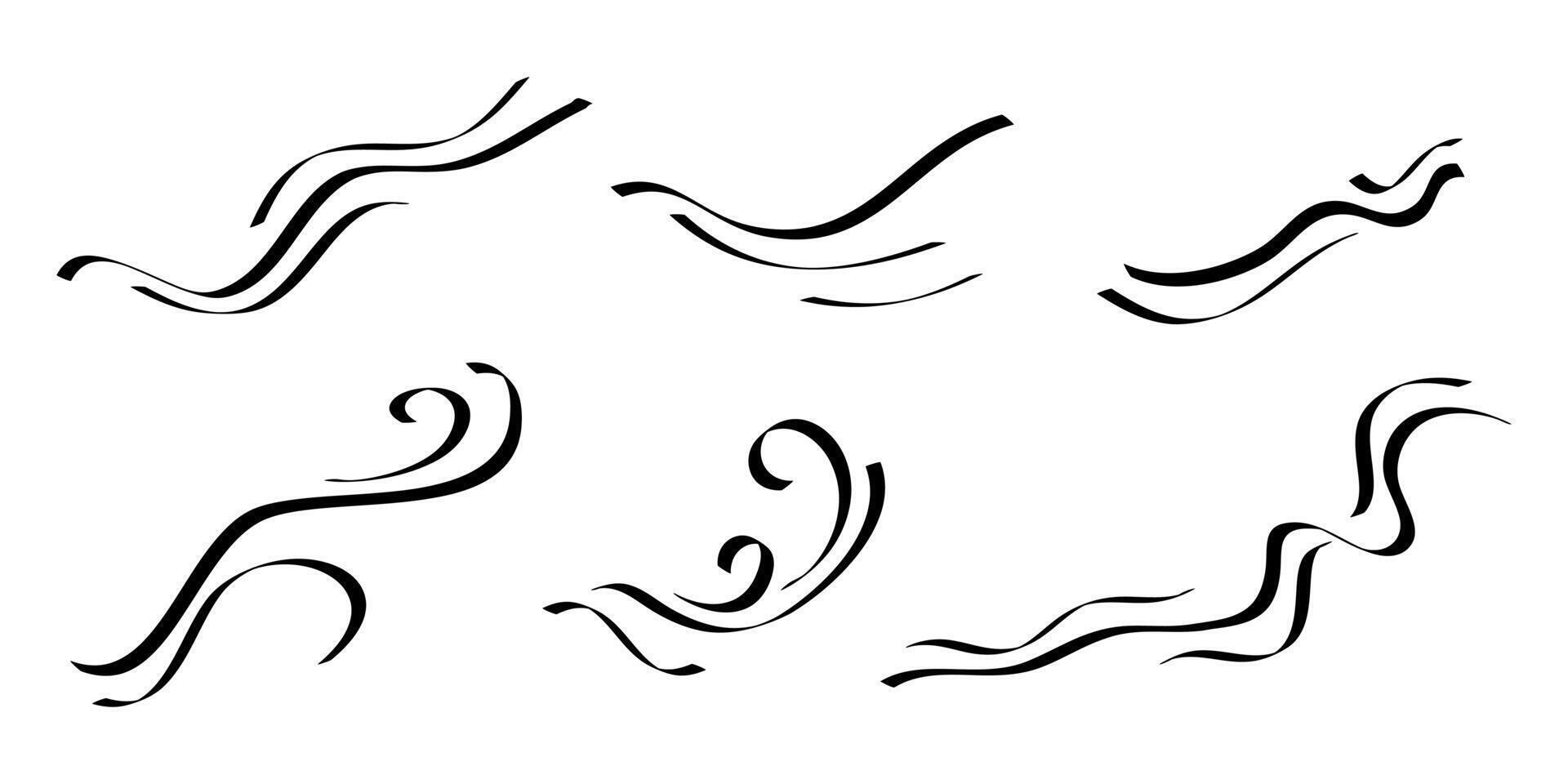 Doodle wind blow, gust, air blow, swirl design elements. isolated on white background. hand drawn style vector