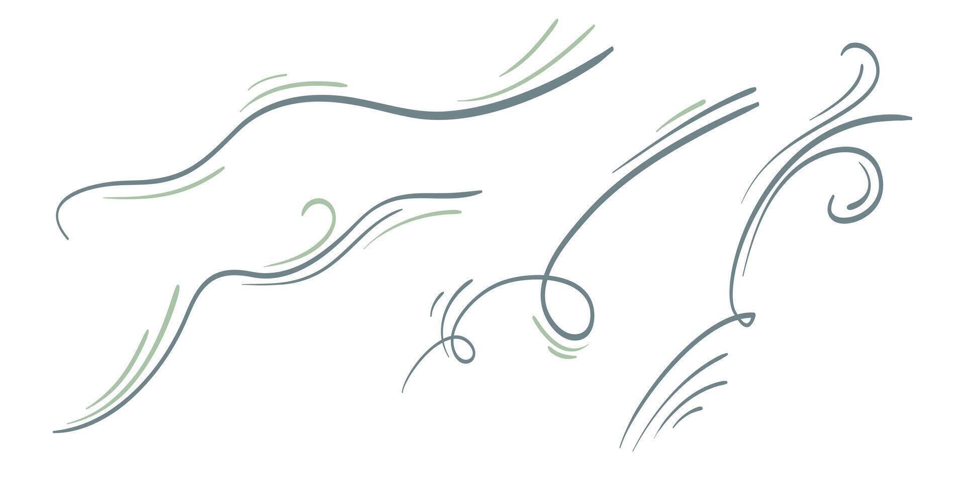 Doodle wind blow, gust, air blow,swirl design elements. isolated on white background. vector