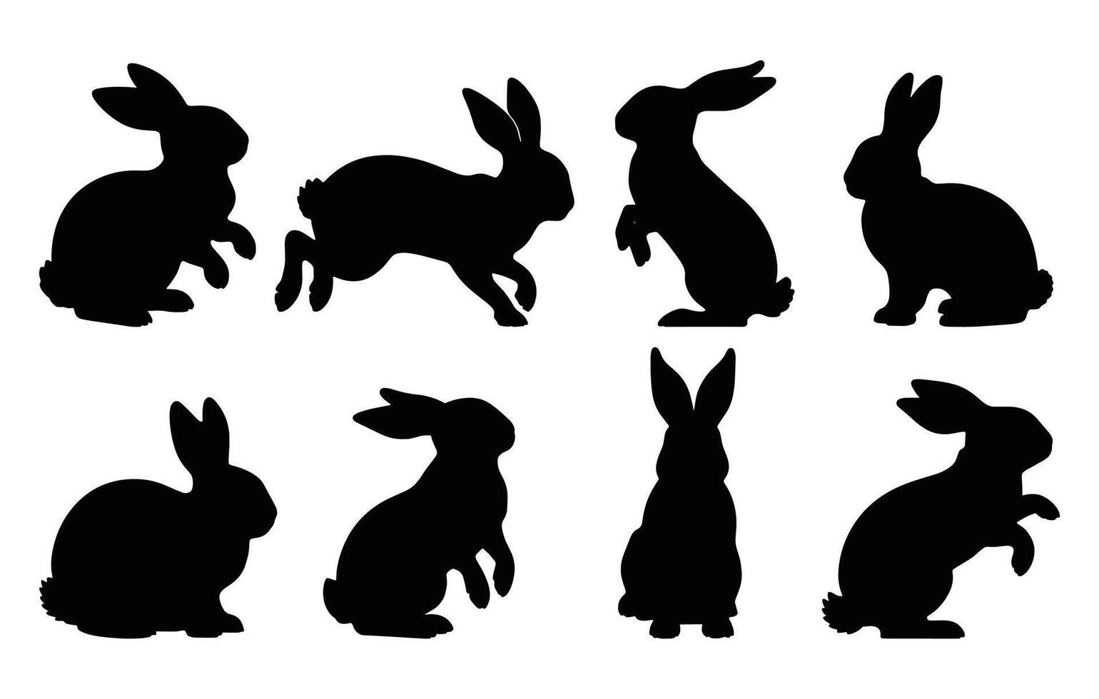 Set of rabbit silhouettes in various poses. Hand drawn black Easter bunny silhouettes isolated on a white background. Perfect decorative elements for design. vector