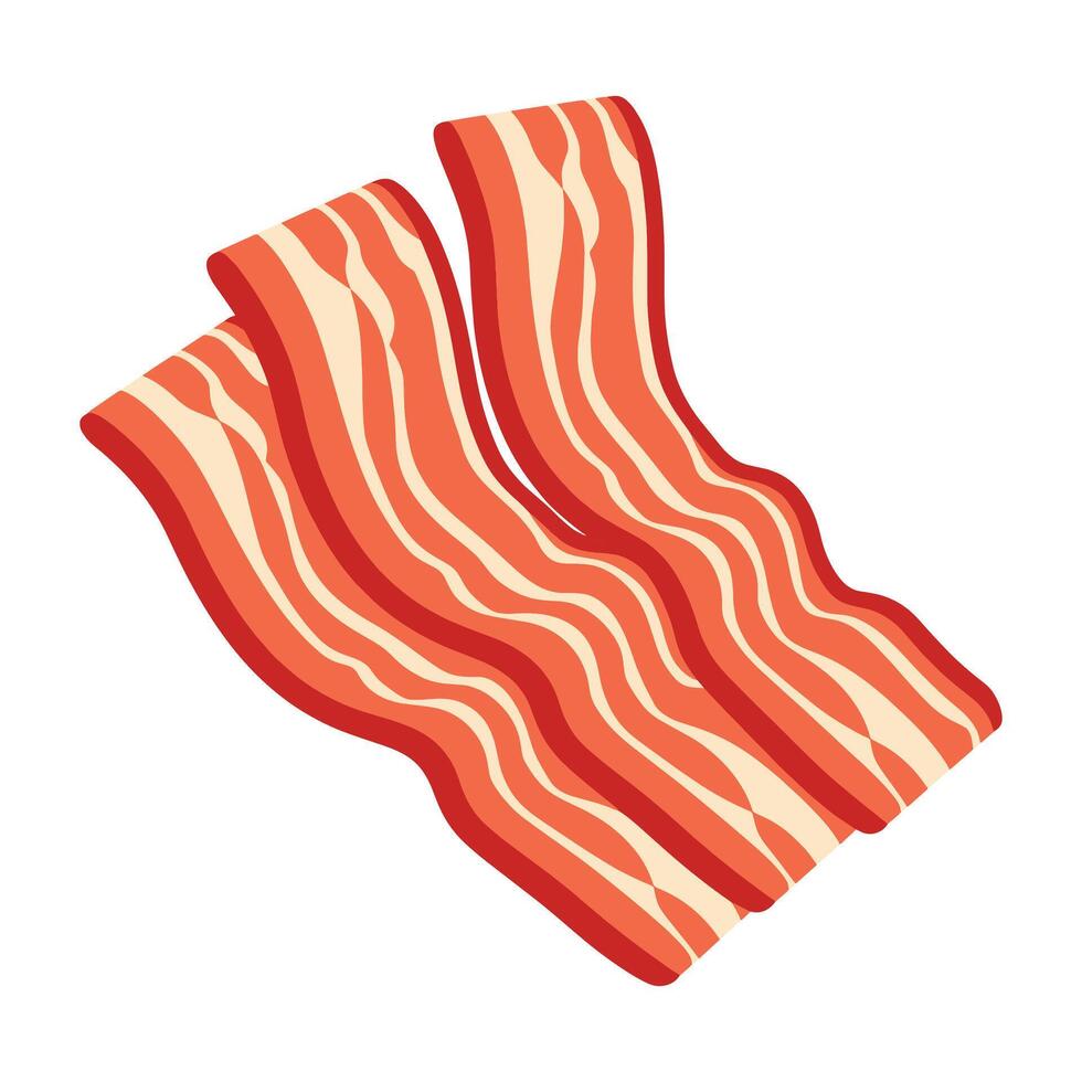 Bacon stripes illustration. Flat design of crispy, wavy bacon strips isolated on white background. Perfect for food icons, breakfast themes, or culinary graphics. vector